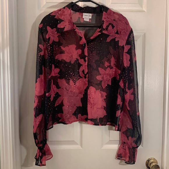 Vintage Black and Pink Floral Connie Choi Sheer Blouse - Picture 3 of 16